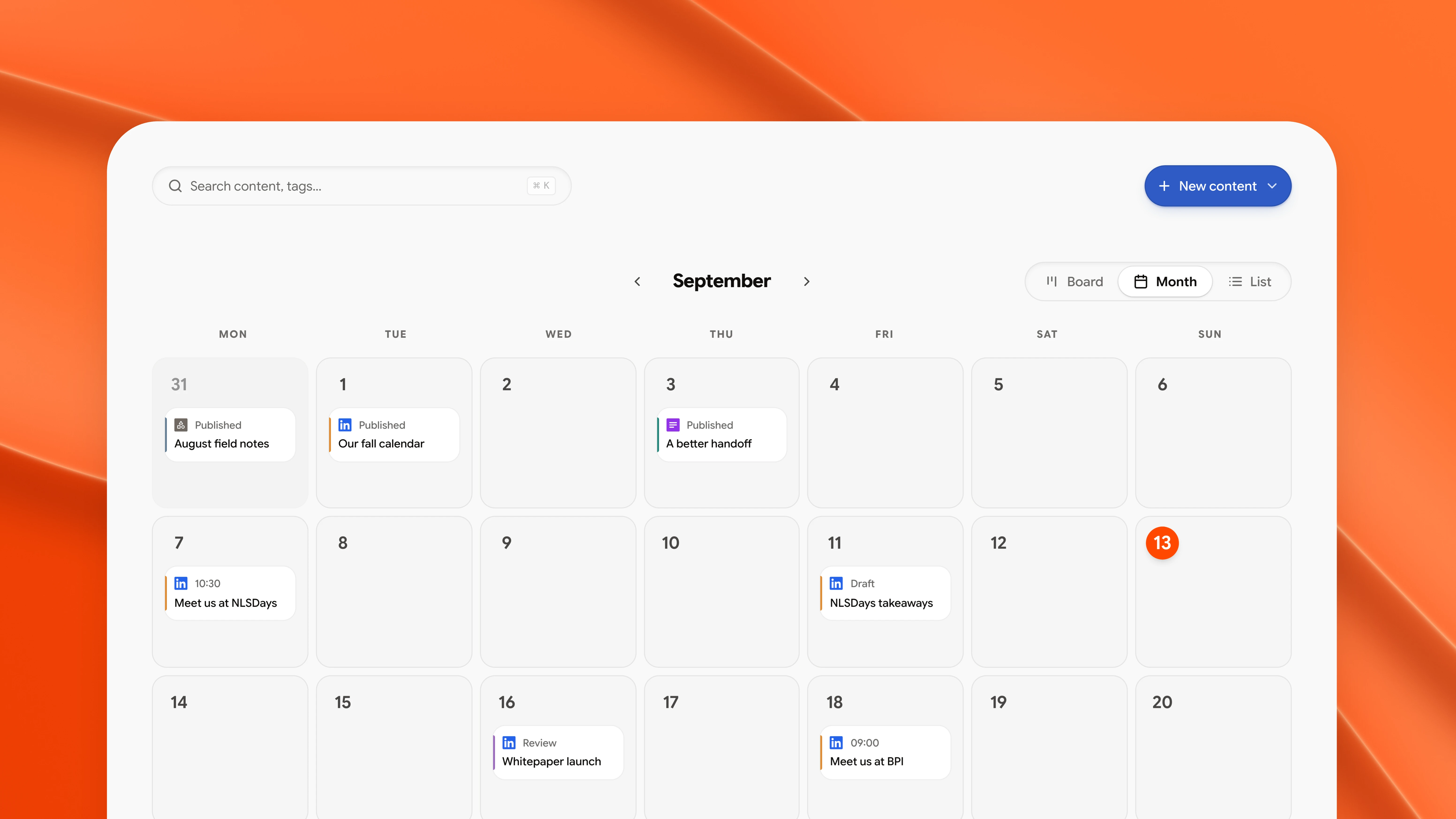 Pyroplane monthly content calendar showing planned and published life sciences marketing work in September