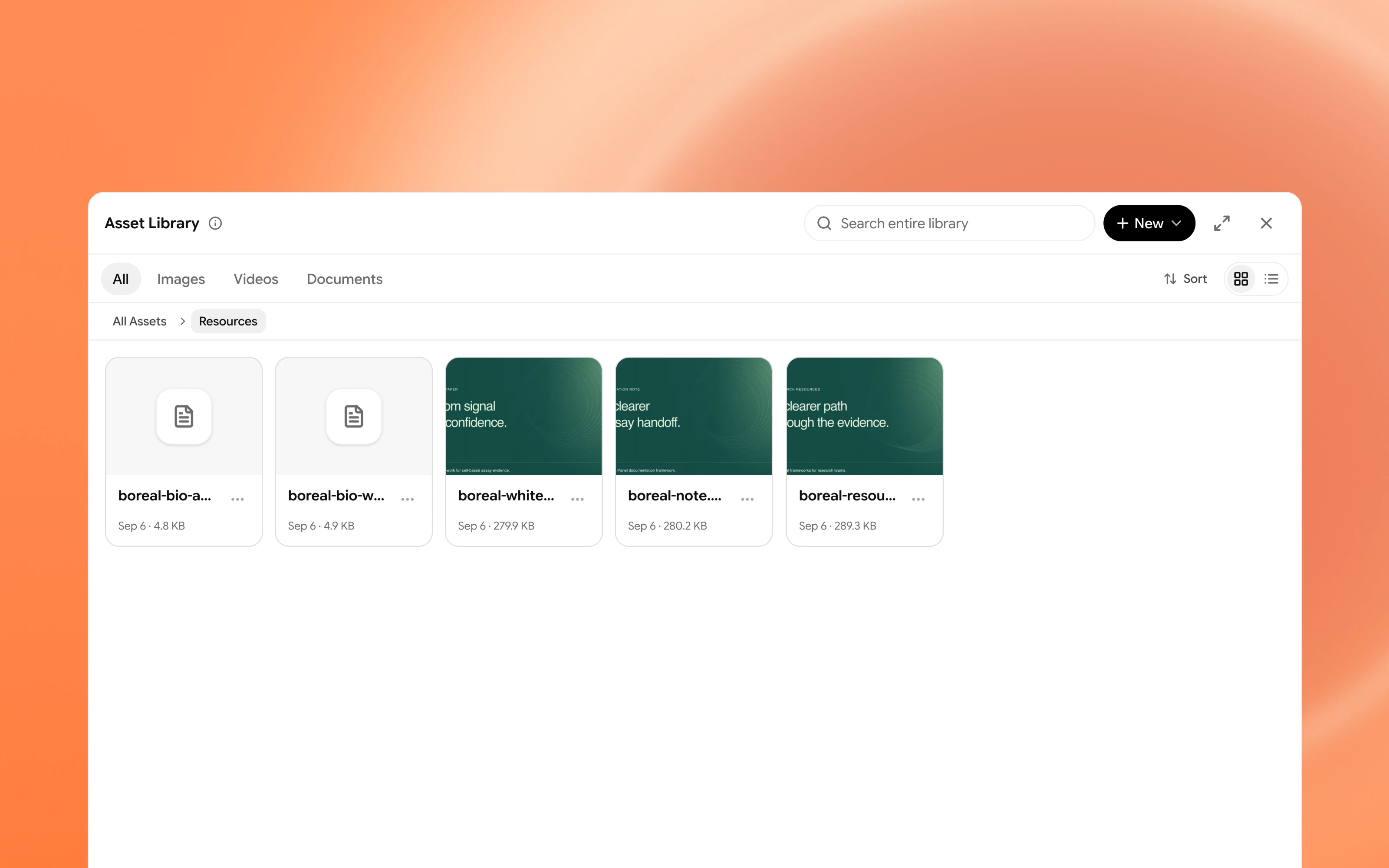 Pyroplane Asset Library showing shared scientific source documents and campaign resources